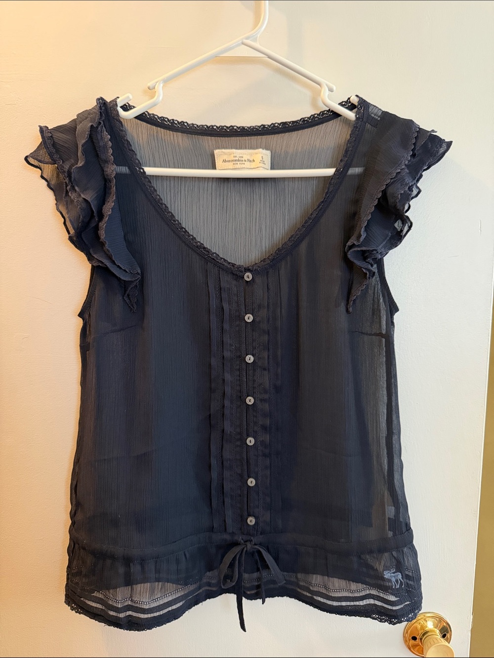 Abercrombie & Fitch Navy Sheer Ruffle Sleeve Button-Front Blouse